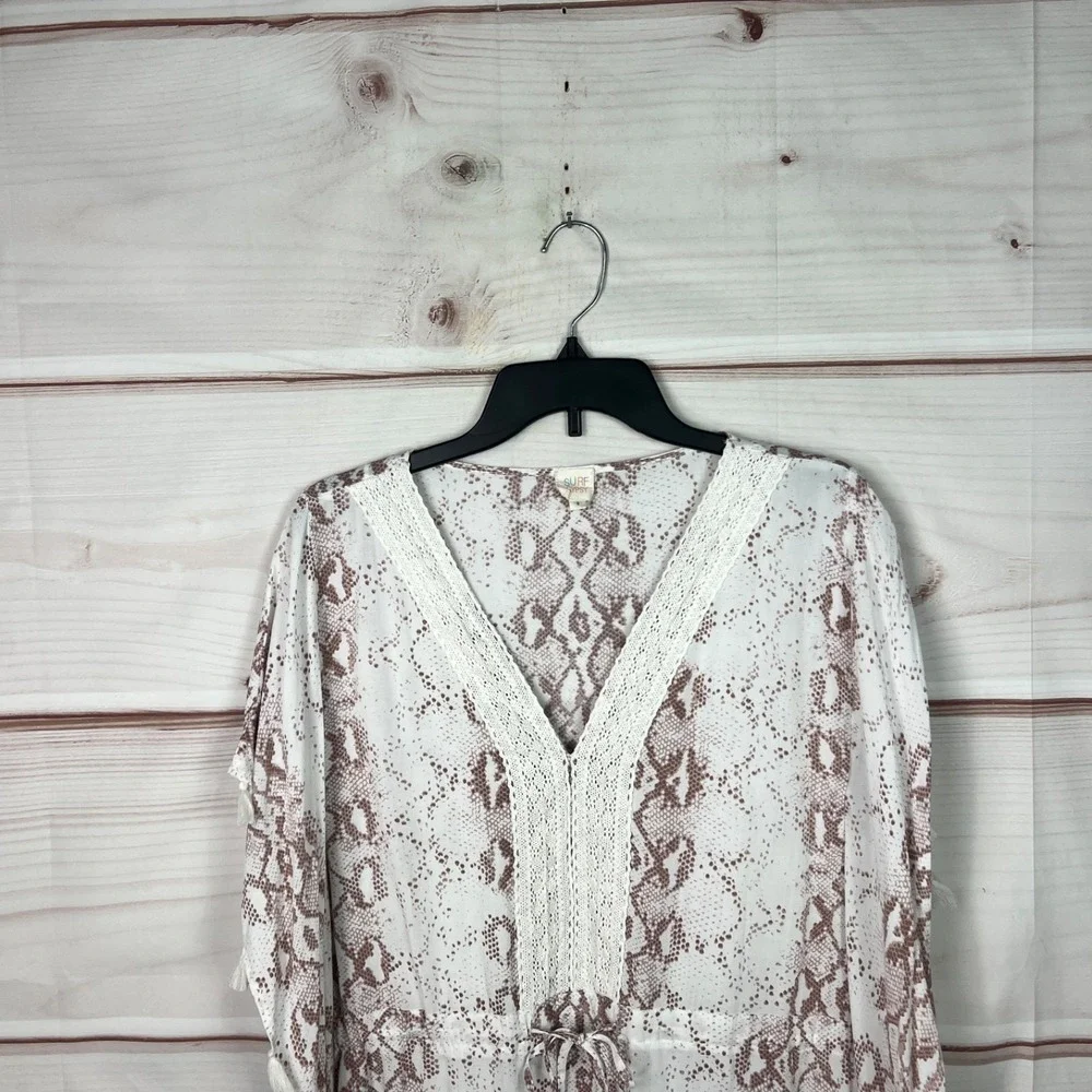 Surf Gypsy Top Women Small White Snakeskin Cover Up Drawstring Tassels Lace Trim